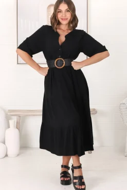 Ayva Midi Dress - 3/4 Sleeve Tiered Smock Dress in Black><noscript><img width=