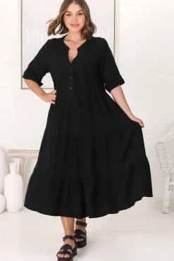Ayva Midi Dress - 3/4 Sleeve Tiered Smock Dress in Black><noscript><img width=