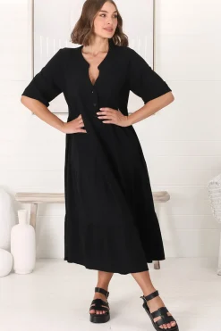 Ayva Midi Dress - 3/4 Sleeve Tiered Smock Dress in Black><noscript><img width=