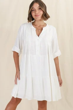Ayva Mini Dress - 3/4 Sleeve Tiered Smock Dress in Off White>Salty Crush Online