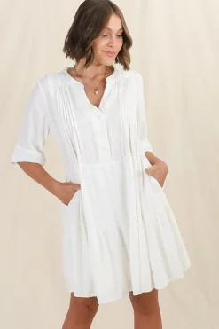 Ayva Mini Dress - 3/4 Sleeve Tiered Smock Dress in Off White>Salty Crush Online