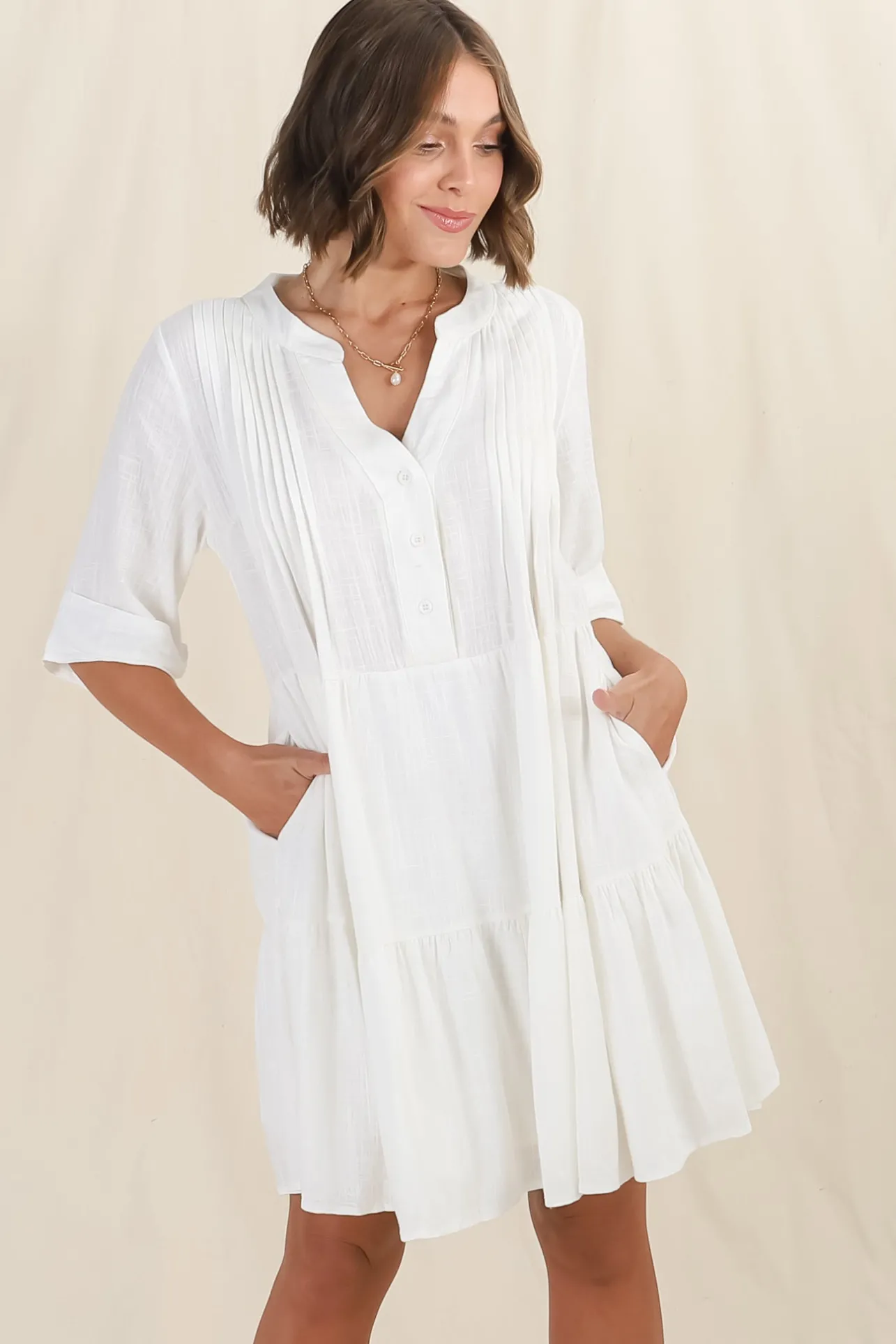 Ayva Mini Dress - 3/4 Sleeve Tiered Smock Dress in Off White>Salty Crush Online