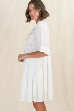 Ayva Mini Dress - 3/4 Sleeve Tiered Smock Dress in Off White><noscript><img width=
