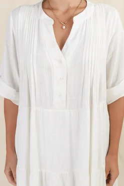 Ayva Mini Dress - 3/4 Sleeve Tiered Smock Dress in Off White><noscript><img width=