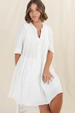Ayva Mini Dress - 3/4 Sleeve Tiered Smock Dress in Off White><noscript><img width=