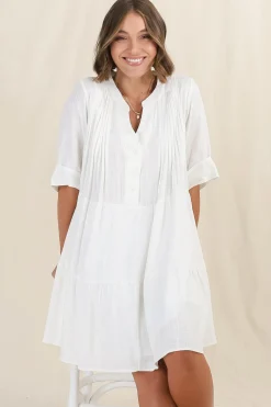 Ayva Mini Dress - 3/4 Sleeve Tiered Smock Dress in Off White><noscript><img width=