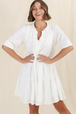Ayva Mini Dress - 3/4 Sleeve Tiered Smock Dress in Off White><noscript><img width=