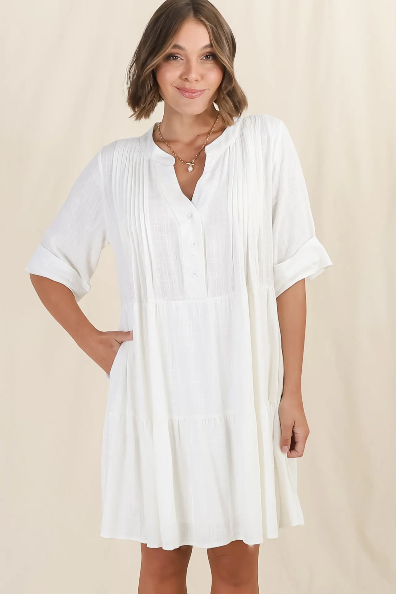 Ayva Mini Dress - 3/4 Sleeve Tiered Smock Dress in Off White>Salty Crush Online
