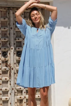 Ayva Mini Dress - 3/4 Sleeve Tiered Smock Dress in Blue><noscript><img width=