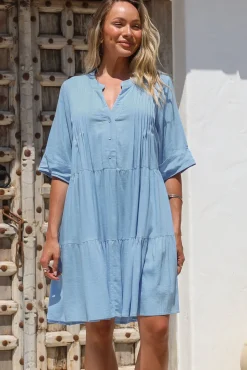 Ayva Mini Dress - 3/4 Sleeve Tiered Smock Dress in Blue><noscript><img width=