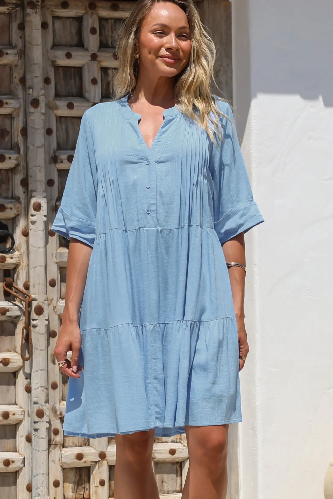 Ayva Mini Dress - 3/4 Sleeve Tiered Smock Dress in Blue>Salty Crush Sale