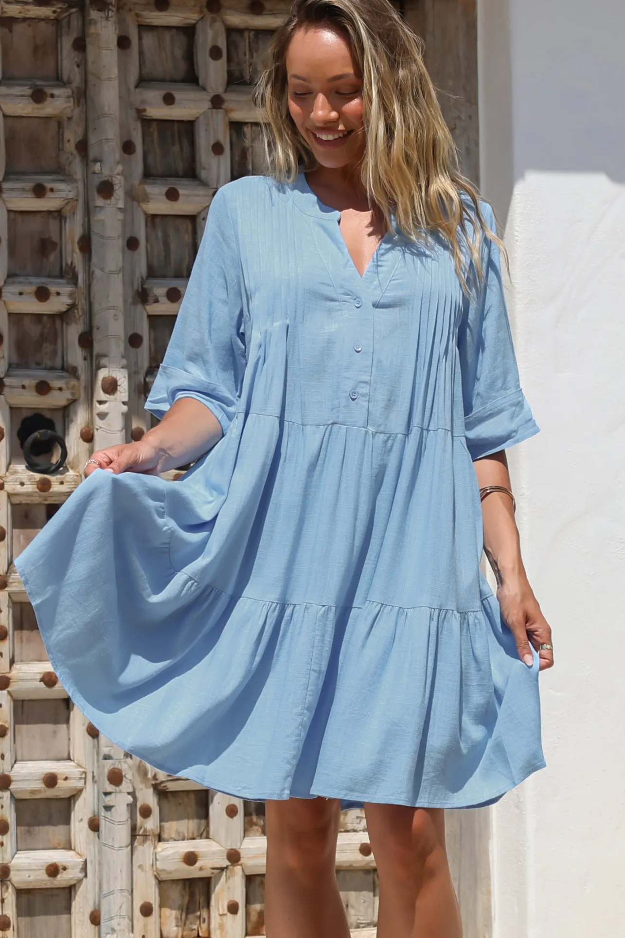 Ayva Mini Dress - 3/4 Sleeve Tiered Smock Dress in Blue>Salty Crush Sale