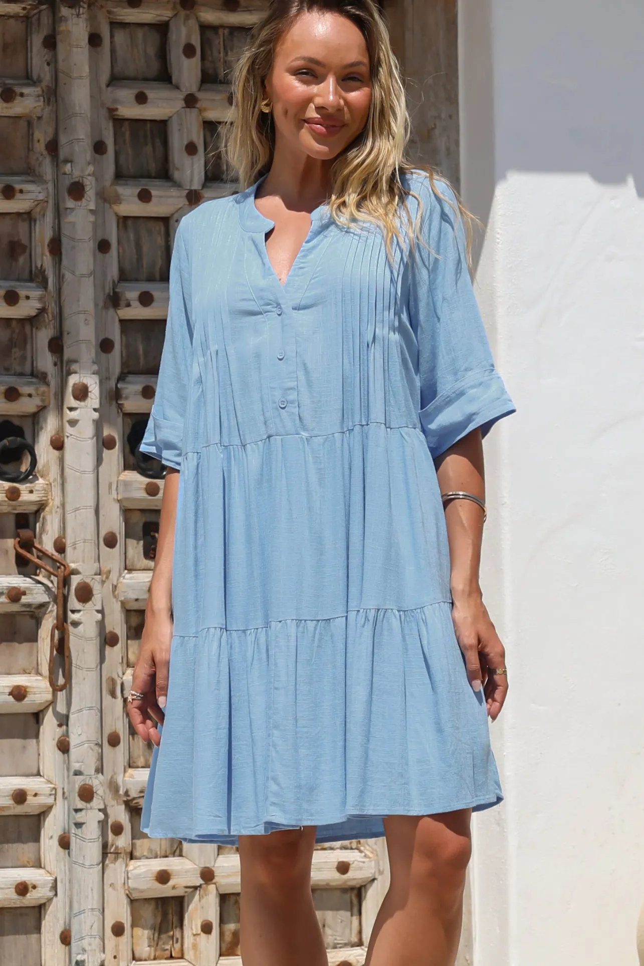 Ayva Mini Dress - 3/4 Sleeve Tiered Smock Dress in Blue>Salty Crush Sale