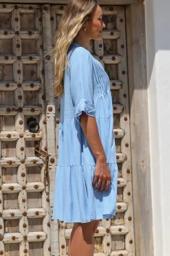 Ayva Mini Dress - 3/4 Sleeve Tiered Smock Dress in Blue><noscript><img width=
