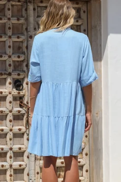 Ayva Mini Dress - 3/4 Sleeve Tiered Smock Dress in Blue><noscript><img width=