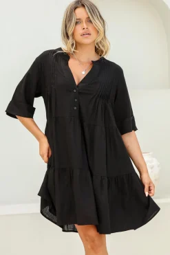 Ayva Mini Dress - 3/4 Sleeve Tiered Smock Dress in Black>Salty Crush Hot