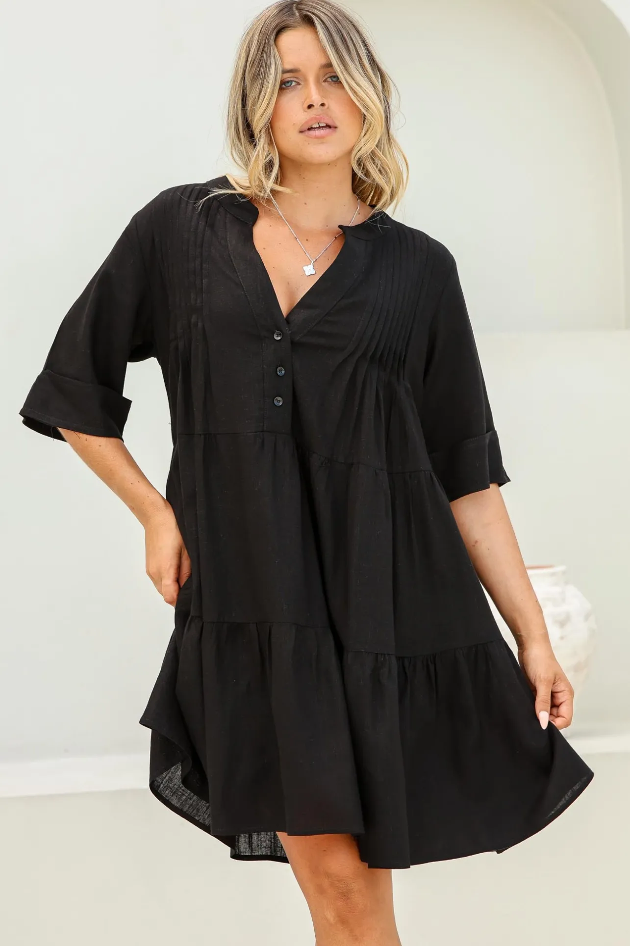 Ayva Mini Dress - 3/4 Sleeve Tiered Smock Dress in Black>Salty Crush Hot