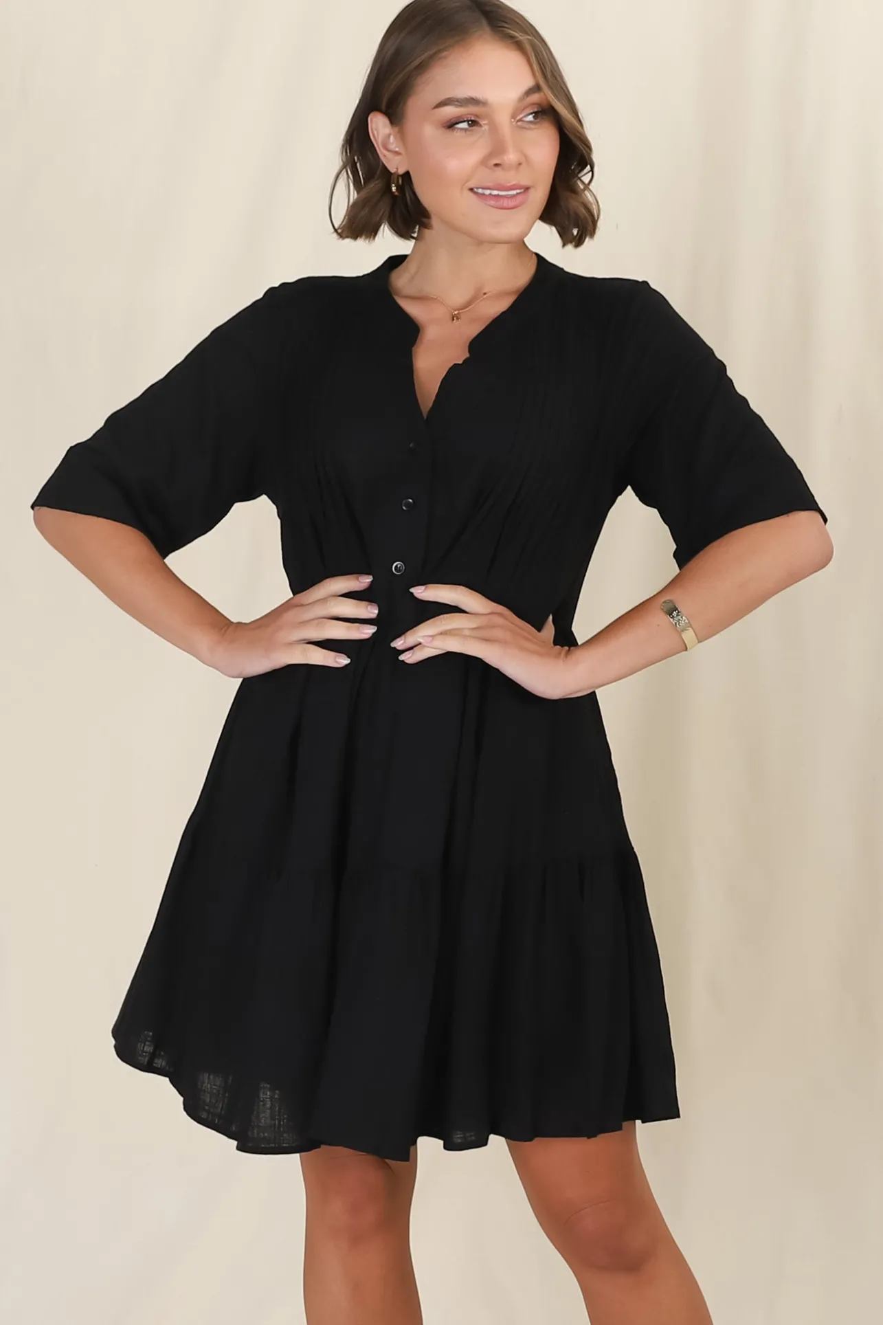 Ayva Mini Dress - 3/4 Sleeve Tiered Smock Dress in Black>Salty Crush Hot