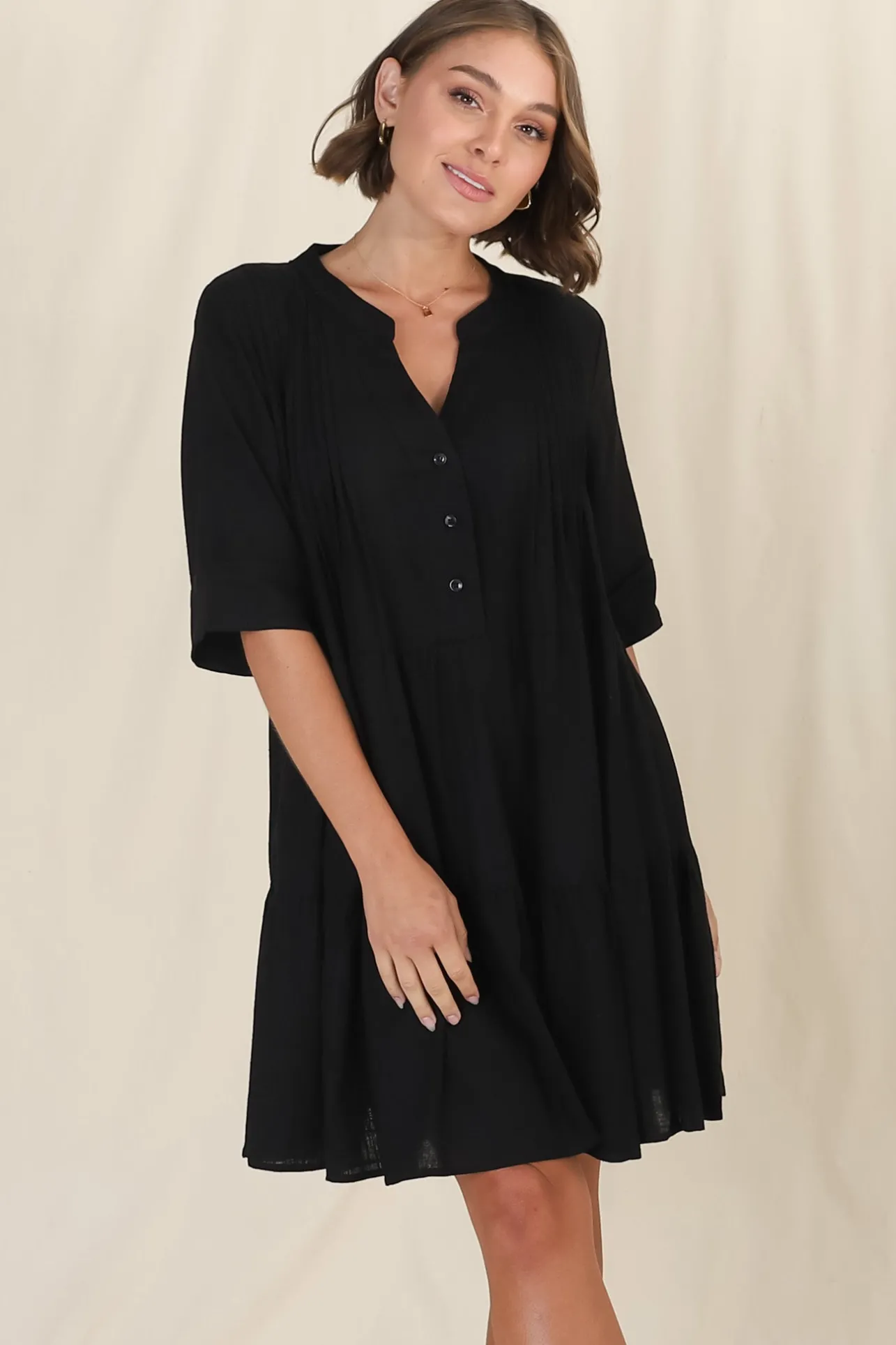 Ayva Mini Dress - 3/4 Sleeve Tiered Smock Dress in Black>Salty Crush Hot