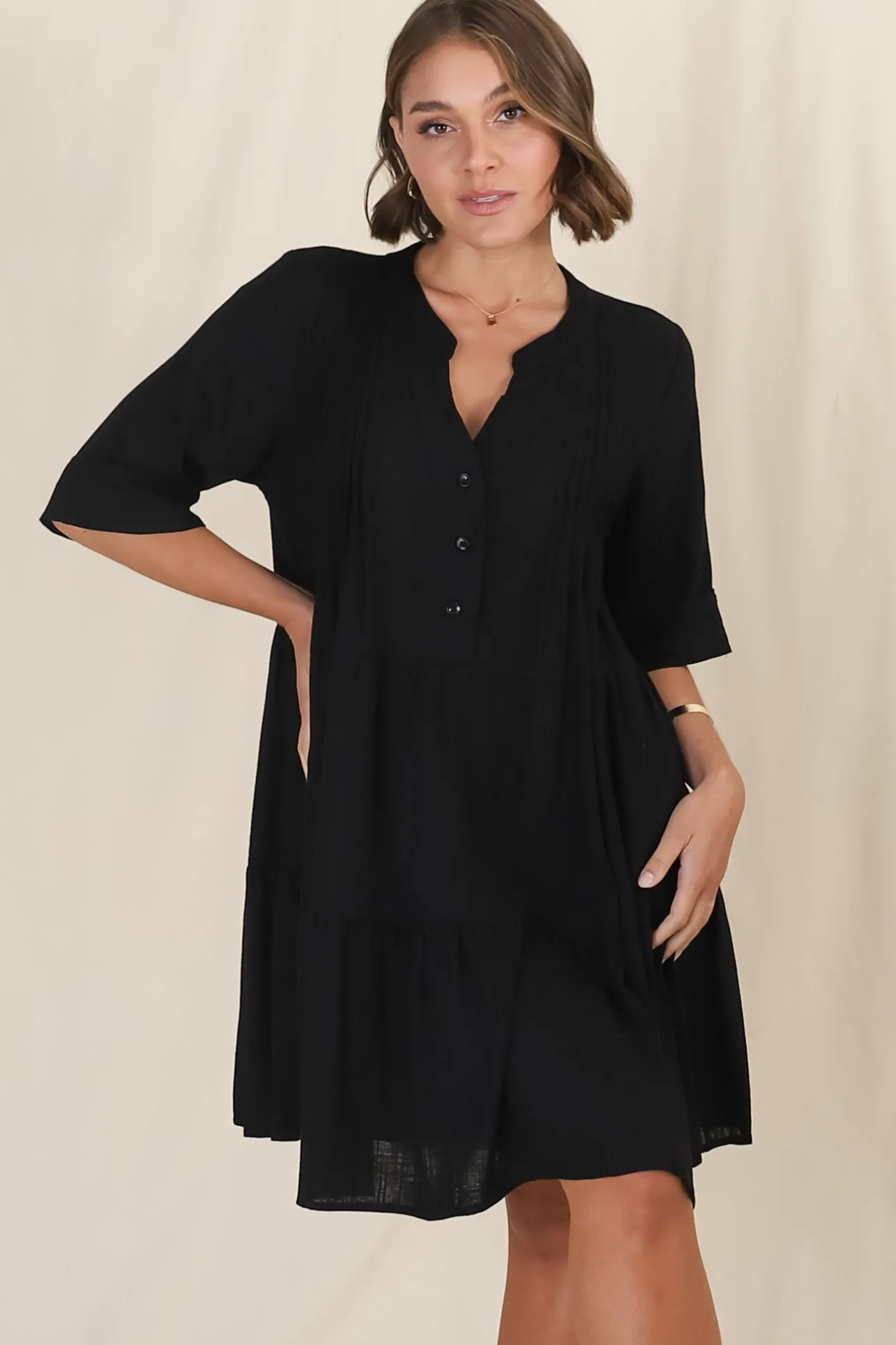 Ayva Mini Dress - 3/4 Sleeve Tiered Smock Dress in Black>Salty Crush Hot