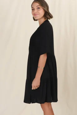 Ayva Mini Dress - 3/4 Sleeve Tiered Smock Dress in Black><noscript><img width=