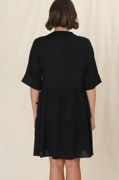 Ayva Mini Dress - 3/4 Sleeve Tiered Smock Dress in Black><noscript><img width=