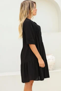 Ayva Mini Dress - 3/4 Sleeve Tiered Smock Dress in Black><noscript><img width=