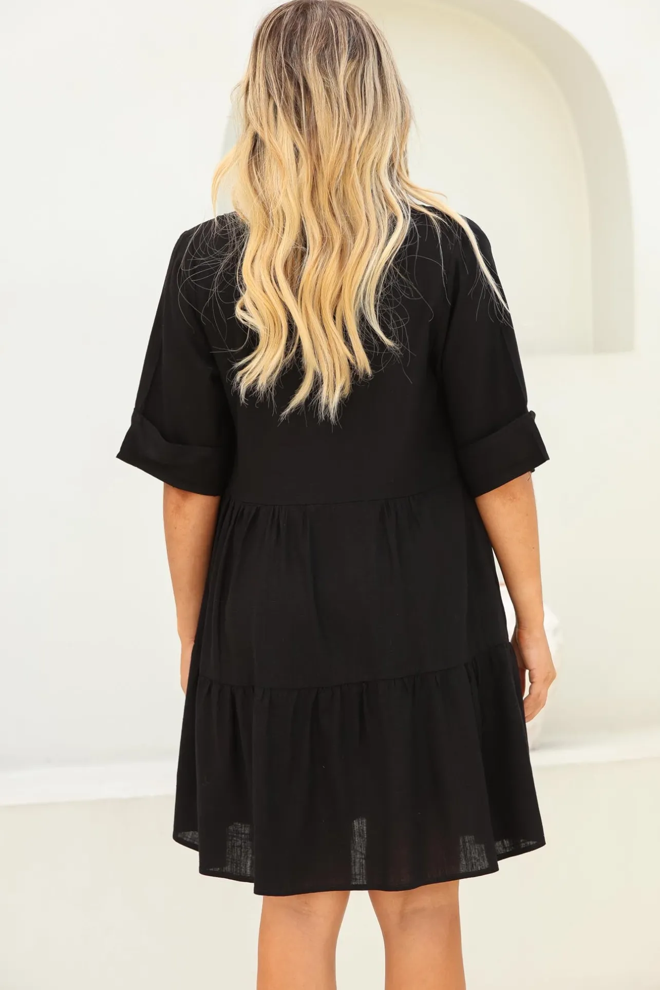 Ayva Mini Dress - 3/4 Sleeve Tiered Smock Dress in Black>Salty Crush Hot