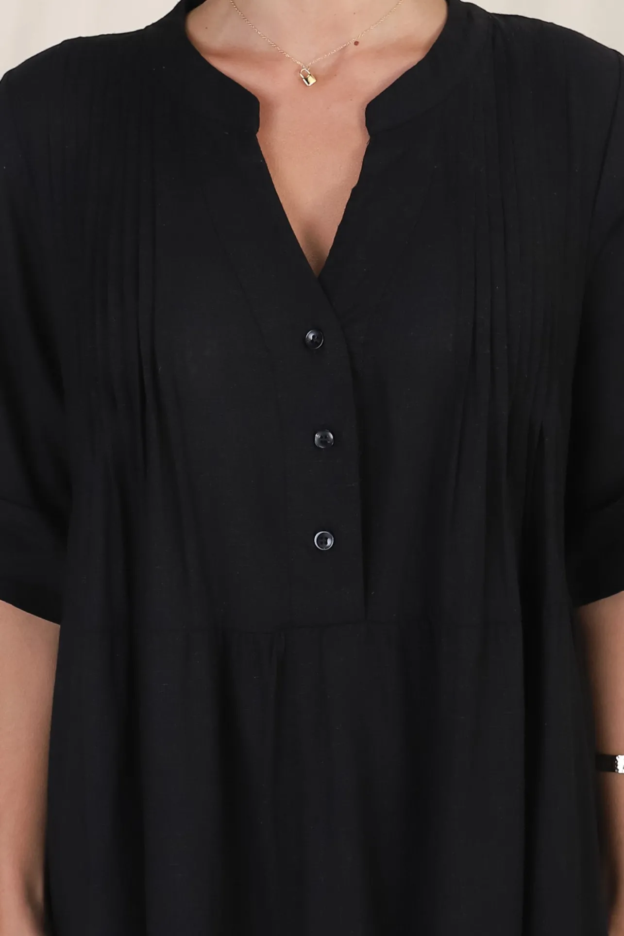 Ayva Mini Dress - 3/4 Sleeve Tiered Smock Dress in Black>Salty Crush Hot