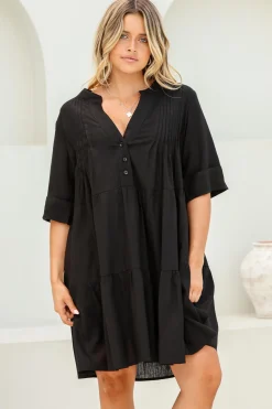 Ayva Mini Dress - 3/4 Sleeve Tiered Smock Dress in Black><noscript><img width=