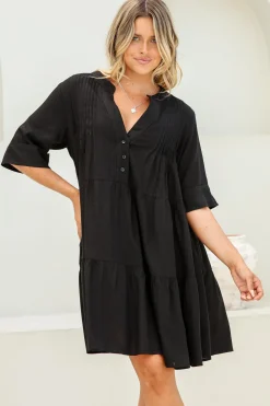 Ayva Mini Dress - 3/4 Sleeve Tiered Smock Dress in Black><noscript><img width=