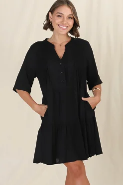 Ayva Mini Dress - 3/4 Sleeve Tiered Smock Dress in Black><noscript><img width=
