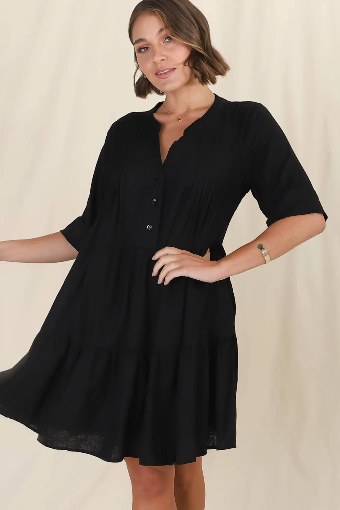 Ayva Mini Dress - 3/4 Sleeve Tiered Smock Dress in Black>Salty Crush Hot