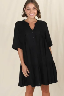 Ayva Mini Dress - 3/4 Sleeve Tiered Smock Dress in Black><noscript><img width=
