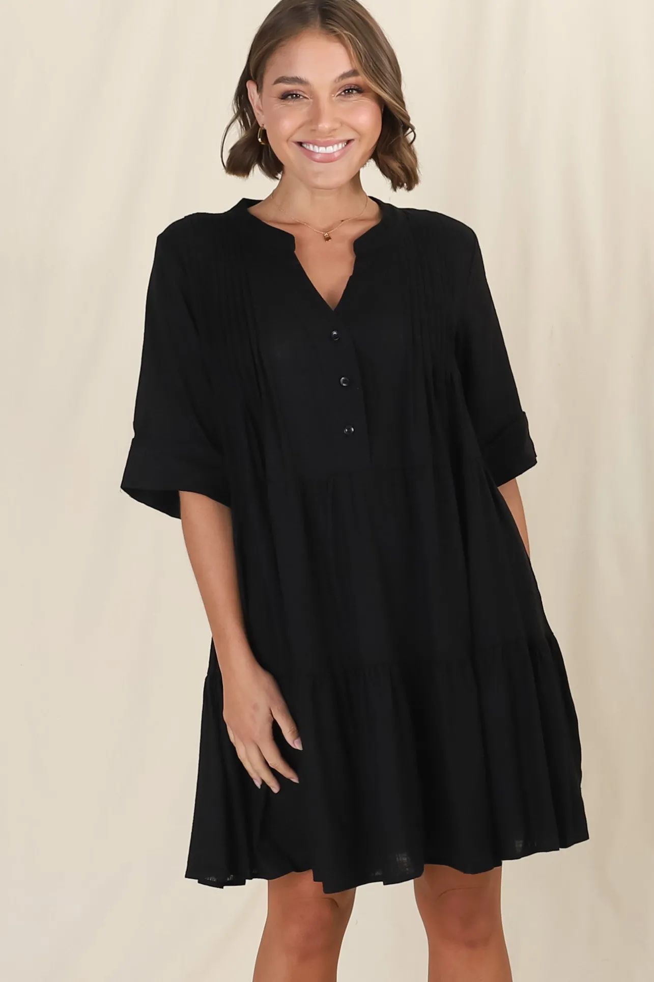 Ayva Mini Dress - 3/4 Sleeve Tiered Smock Dress in Black>Salty Crush Hot