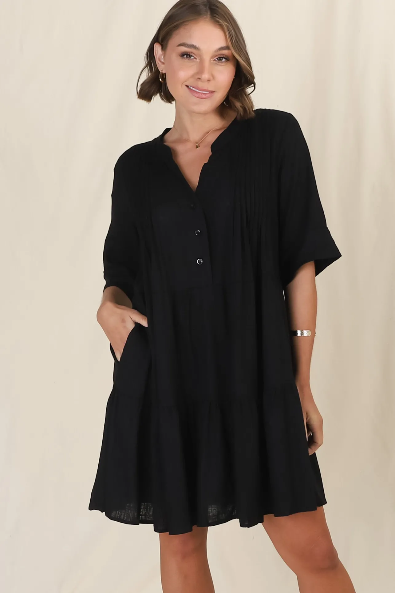 Ayva Mini Dress - 3/4 Sleeve Tiered Smock Dress in Black>Salty Crush Hot