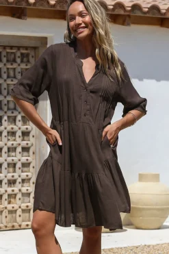 Ayva Mini Dress - 3/4 Sleeve Tiered Smock Dress in Chocolate>Salty Crush Discount