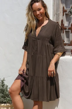 Ayva Mini Dress - 3/4 Sleeve Tiered Smock Dress in Chocolate>Salty Crush Discount