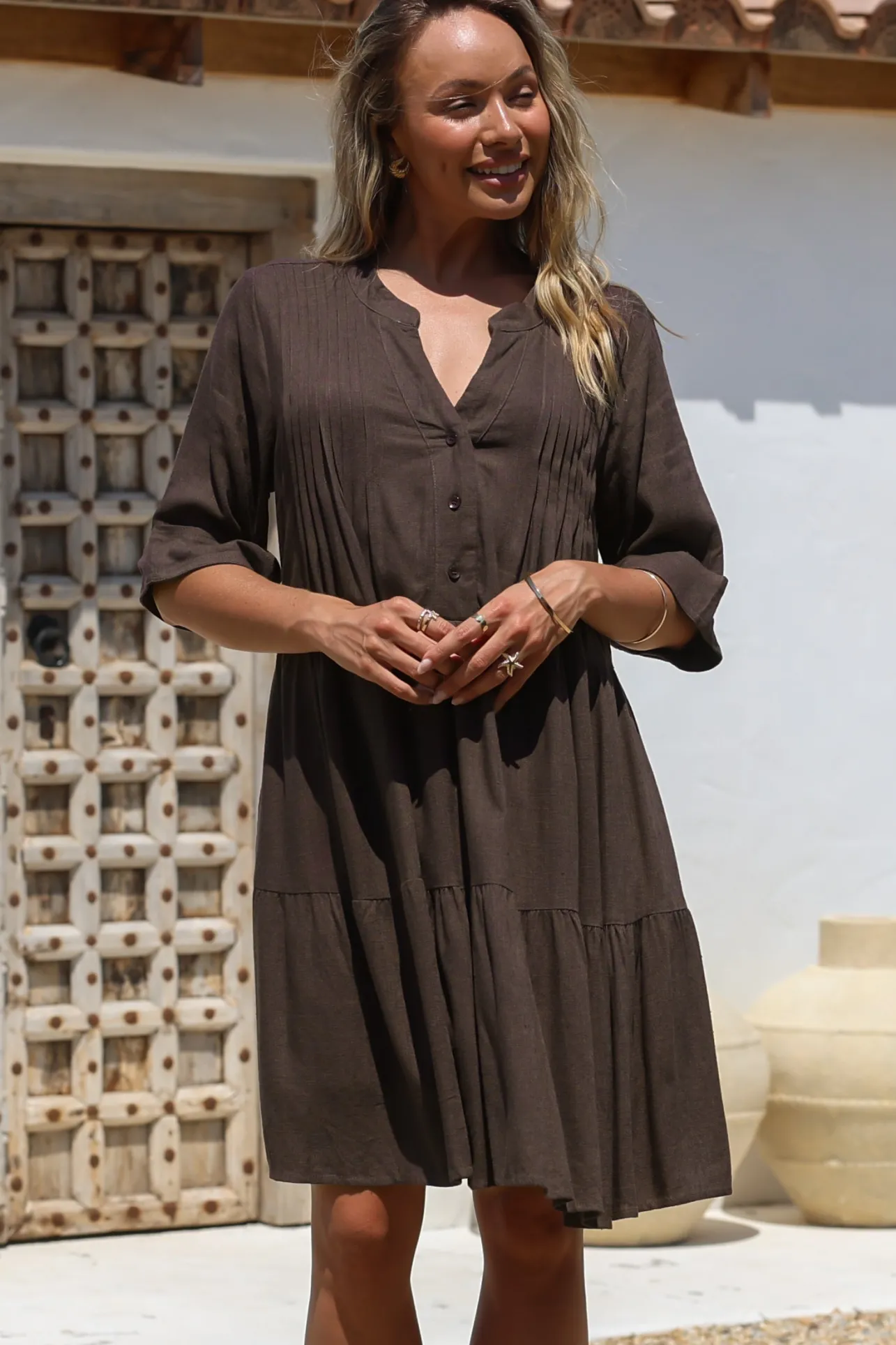 Ayva Mini Dress - 3/4 Sleeve Tiered Smock Dress in Chocolate>Salty Crush Discount