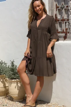 Ayva Mini Dress - 3/4 Sleeve Tiered Smock Dress in Chocolate><noscript><img width=