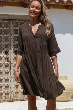 Ayva Mini Dress - 3/4 Sleeve Tiered Smock Dress in Chocolate><noscript><img width=