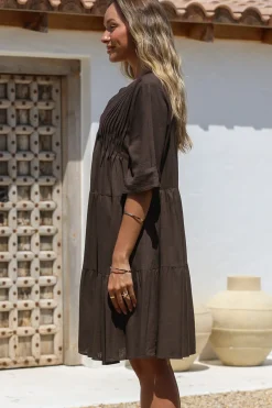 Ayva Mini Dress - 3/4 Sleeve Tiered Smock Dress in Chocolate><noscript><img width=