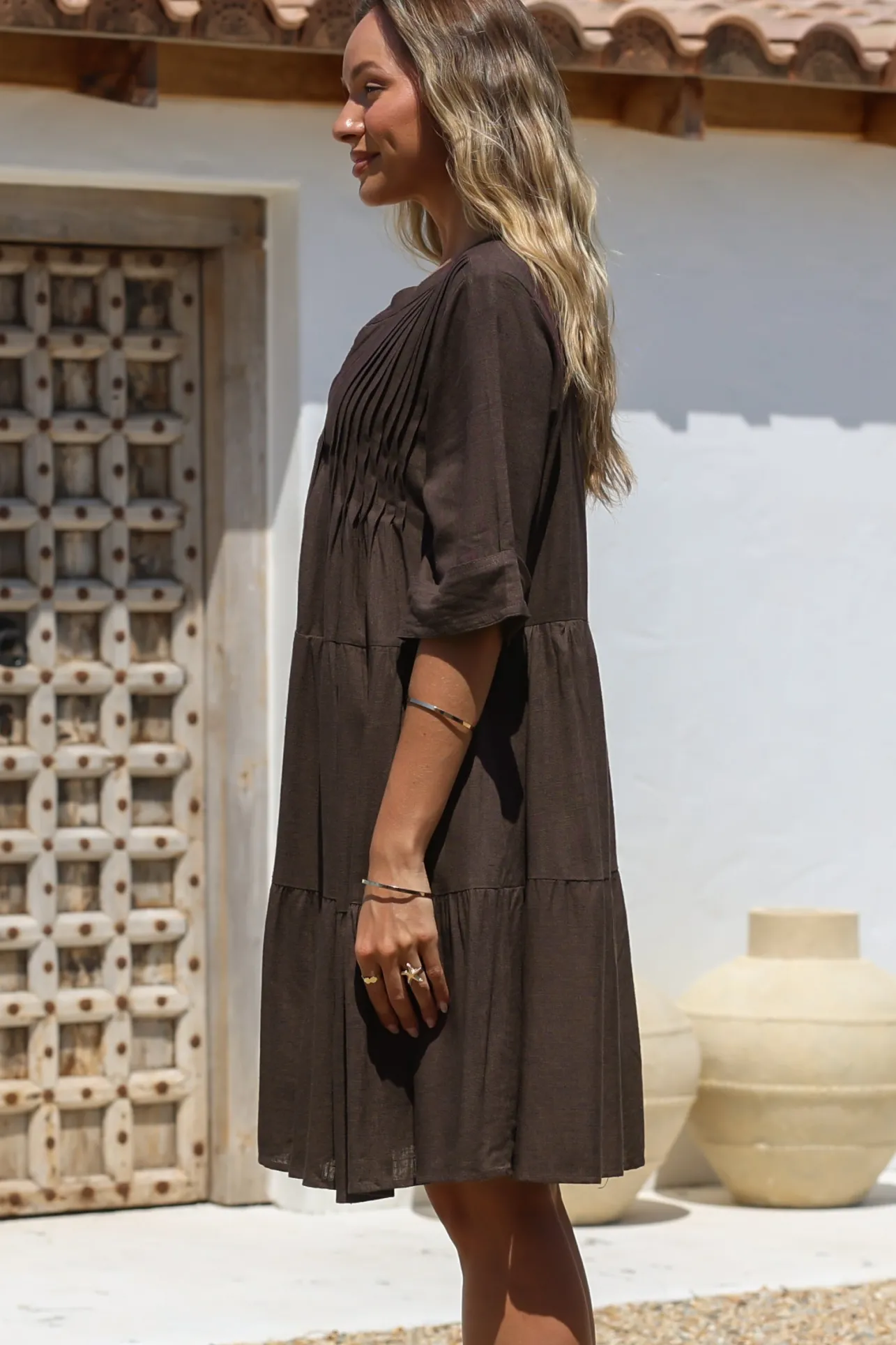 Ayva Mini Dress - 3/4 Sleeve Tiered Smock Dress in Chocolate>Salty Crush Discount