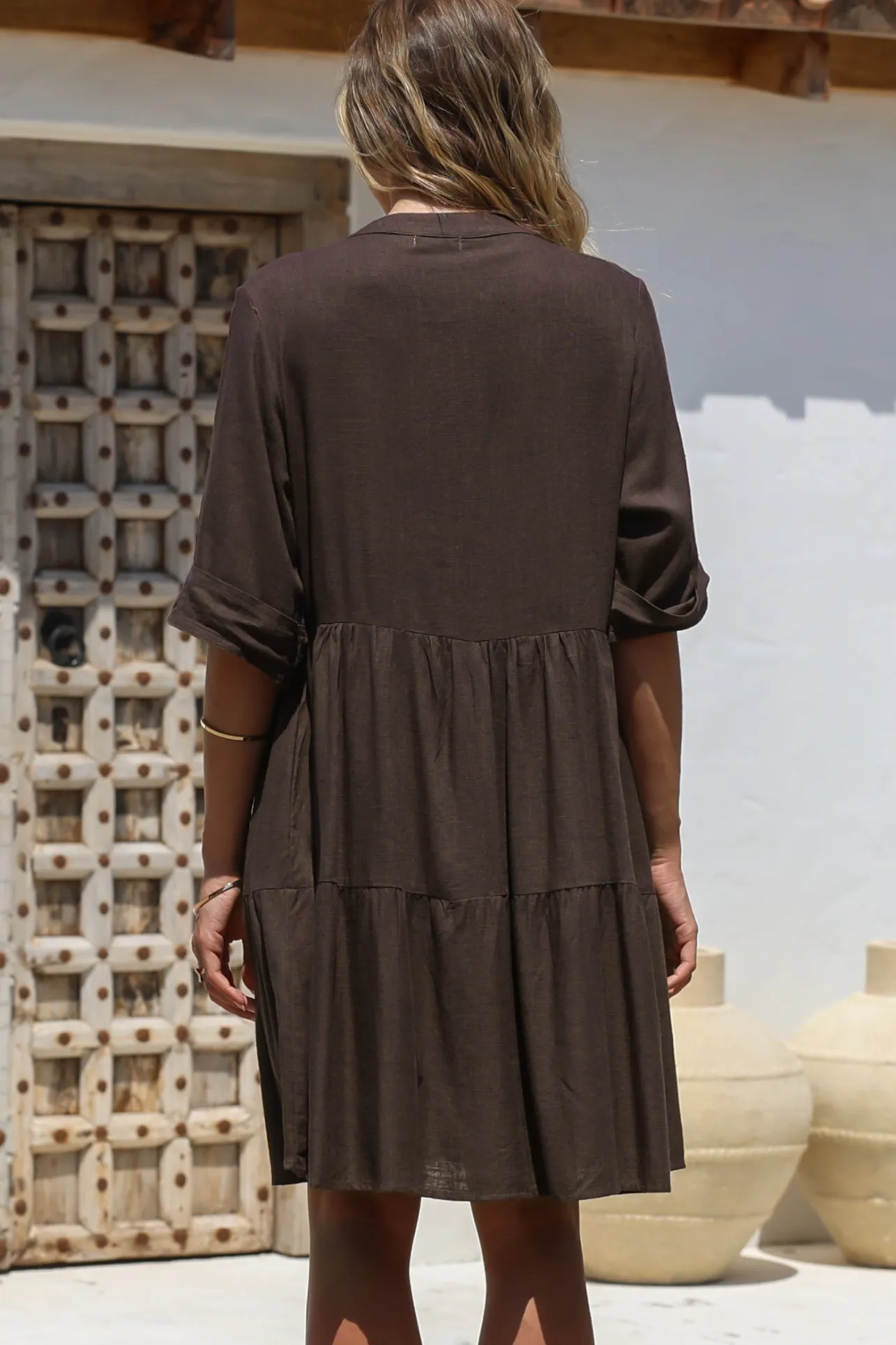Ayva Mini Dress - 3/4 Sleeve Tiered Smock Dress in Chocolate>Salty Crush Discount