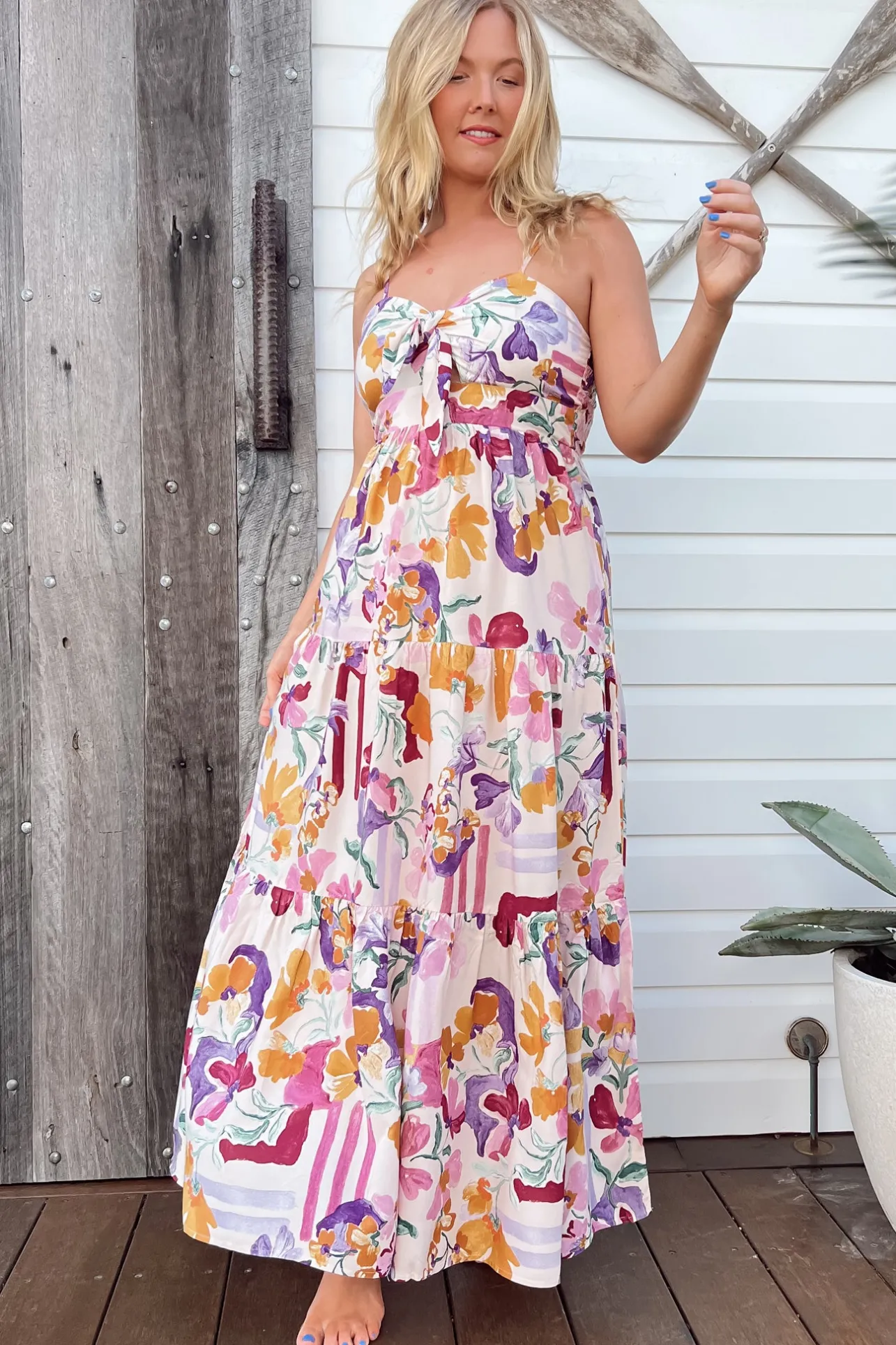 Bambi Maxi Dress - Sun Dress with Cut Out Detail and Bow at the Bust in Sweet Lily Print>Jaase Sale