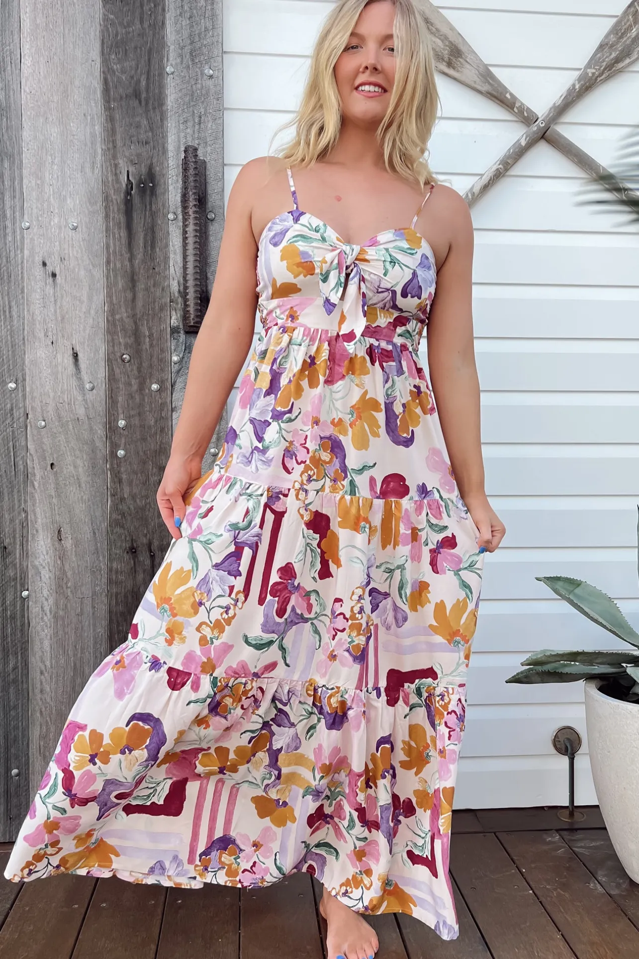 Bambi Maxi Dress - Sun Dress with Cut Out Detail and Bow at the Bust in Sweet Lily Print>Jaase Sale