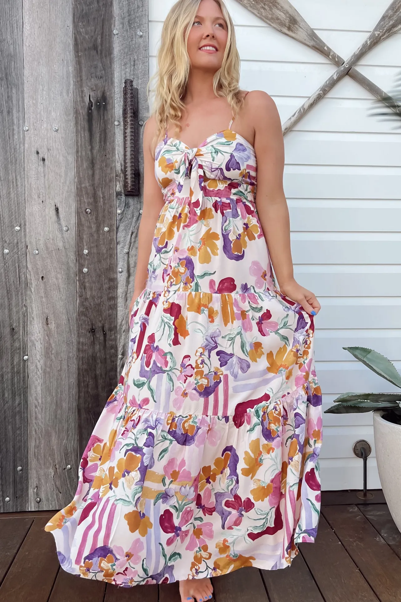 Bambi Maxi Dress - Sun Dress with Cut Out Detail and Bow at the Bust in Sweet Lily Print>Jaase Sale
