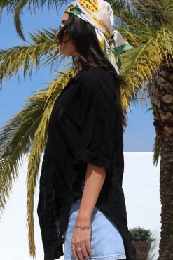 Beachly Mesh Shirt - Cotton Mesh Stripe Relaxed Button Down Shirt in Black><noscript><img width=