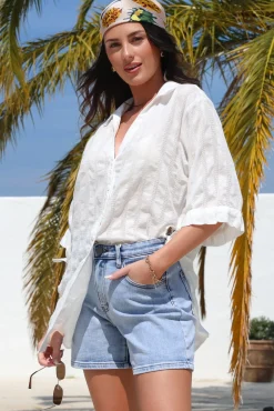 Beachly Mesh Shirt - Cotton Mesh Stripe Relaxed Button Down Shirt in White><noscript><img width=