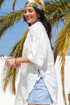 Beachly Mesh Shirt - Cotton Mesh Stripe Relaxed Button Down Shirt in White><noscript><img width=